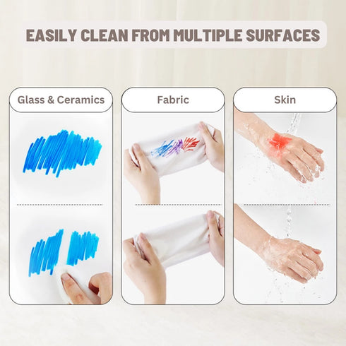 Demonstration of a cleaning product's effectiveness on glass, fabric, and skin.