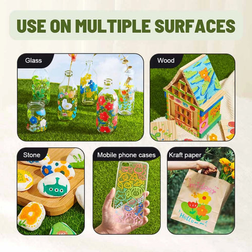 Demonstration of decorative stickers on various surfaces including glass, wood, stone, and phone cases.