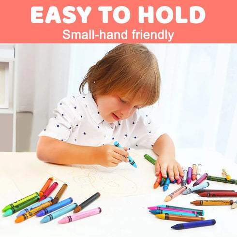 Child playing with colorful crayons on a white surface, with text 'Easy to Hold' and 'Small-hand friendly' at the top.