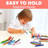 Child playing with colorful crayons on a white surface, with text 'Easy to Hold' and 'Small-hand friendly' at the top.