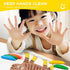 Child showing off clean hands with colorful play dough and text about hand hygiene.