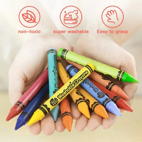 Colorful crayons held in a hand with icons and text indicating non-toxic, super washable, and easy to grasp properties.