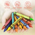 Colorful crayons held in a hand with icons and text indicating non-toxic, super washable, and easy to grasp properties.