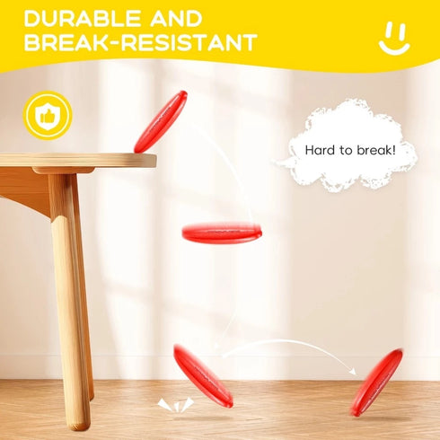 Red disc breaking a wooden table with text 'Durable and break-resistant' on a yellow background.
