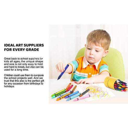 Child drawing with colorful crayons on a table, with text about ideal art suppliers for every grade.