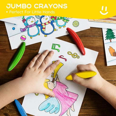 Children coloring with jumbo crayons on a wooden table