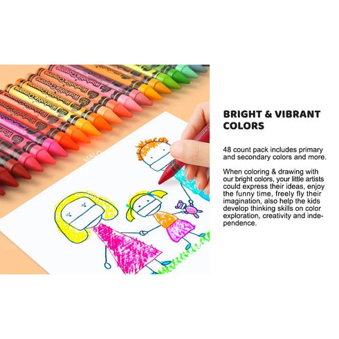 Coloring book with crayons and a child's drawing on a white background