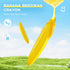 Yellow banana-shaped crayon with honeycomb on a blue sky and green field background, labeled as 'Banana Beeswax Crayon'.
