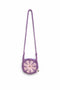 Purple crochet bag with a flower design on a white background