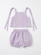 A two-piece baby outfit set in light purple/lavender textured cotton gauze, featuring a sleeveless tie-strap crop top and matching elastic-waist bubble shorts