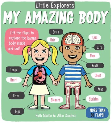 Children's book cover titled 'My Amazing Body' with illustrations of a boy and girl holding hands and labeled body parts.