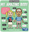 Children's book cover titled 'My Amazing Body' with illustrations of a boy and girl holding hands and labeled body parts.