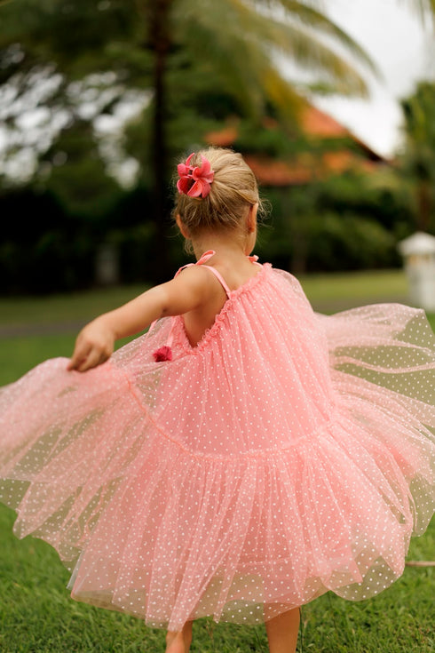 pink tutu dress with white polka dots