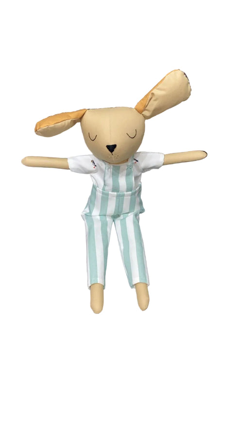 Stuffed animal toy in a striped outfit