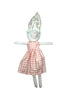 A white rabbit doll wearing a pink and white gingham dress.