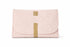 Pink quilted clutch bag with a gold strap and logo on a white background