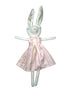 A white plush bunny toy with long floppy ears, wearing a pink and white vertically striped dress with thin yellow stripes.