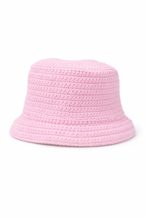 Pink crochet bucket hat on a white background
