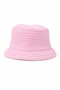 Pink crochet bucket hat on a white background