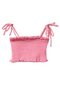 Pink ruched top with tie straps on a white background