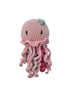 A crocheted plush octopus toy in light pink yarn with darker pink tentacles, small dark embroidered eyes, and a small mint green bow on top.