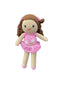 Crocheted doll with pink dress and brown hair on a white board