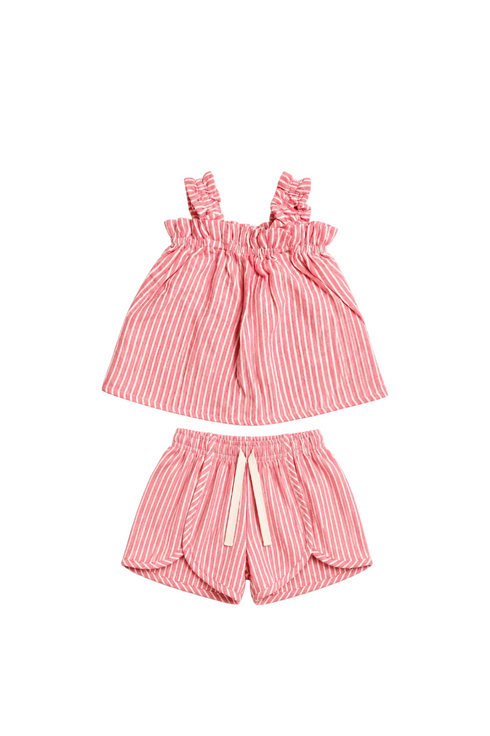 Pink and white striped children's outfit with top and shorts on a white background