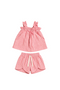 Pink and white striped children's outfit with top and shorts on a white background