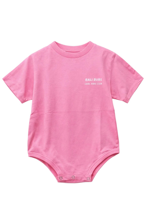 Pink baby onesie with text on a white background