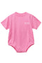 Pink baby onesie with text on a white background