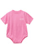 Pink baby onesie with text on a white background