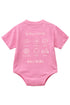 Pink baby onesie with text on a white background