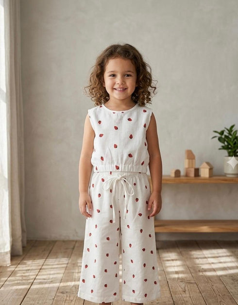 Young girl wearing a white outfit with red patterns in a bright room.