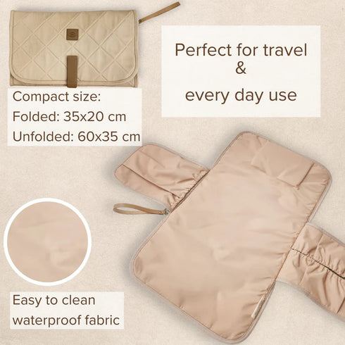 Beige quilted bag with text highlighting its features on a beige background