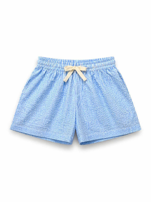 Blue checkered shorts with a white bow on a white background