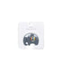 Keola Elephant Rattle Teether in a gray elephant shape with a colorful striped inner rattle, presented on its white backing card against a solid gray background.
