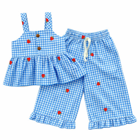 Children's blue gingham outfit set with strawberry embroidery