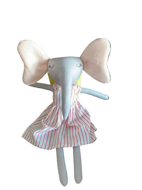 Stuffed elephant toy with a red and white striped dress