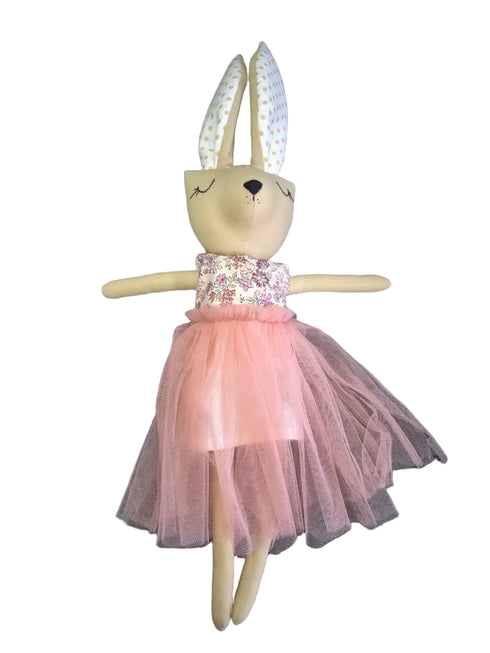 A plush bunny doll with long ears, a floral-patterned bodysuit, and a pink tulle tutu dress.