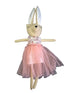 A plush bunny doll with long ears, a floral-patterned bodysuit, and a pink tulle tutu dress.