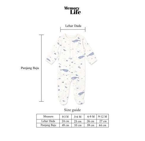 Size guide diagram for a baby one-piece sleeper from Memory Life, showing front and back measurements in centimeters with a size guide table below.