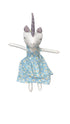 Stuffed animal with a blue dress featuring white flowers