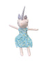 Stuffed unicorn doll with a blue dress featuring white flowers