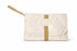 Quilted clutch bag with beige strap and zipper on a white background