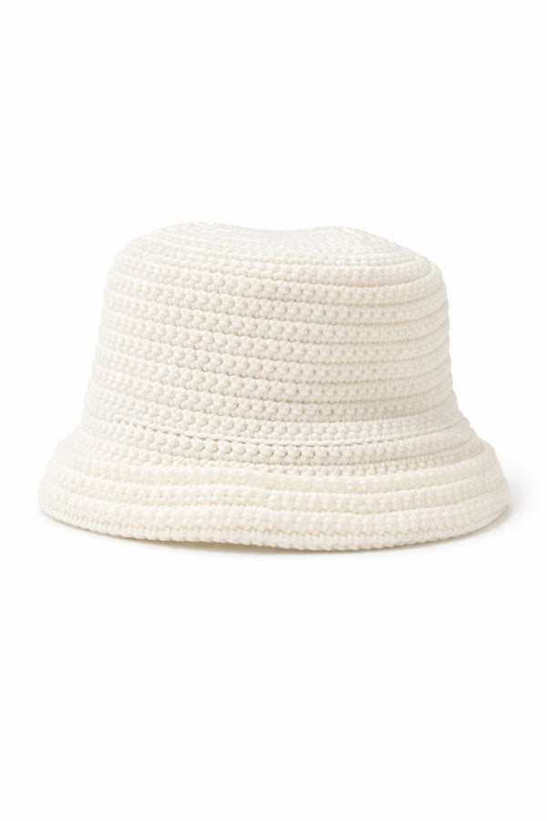 White woven bucket hat on a white background