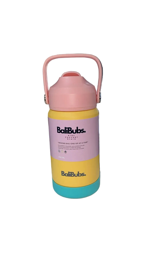 Colorful water bottle with pink lid and 'Balibubs' branding on a white surface.